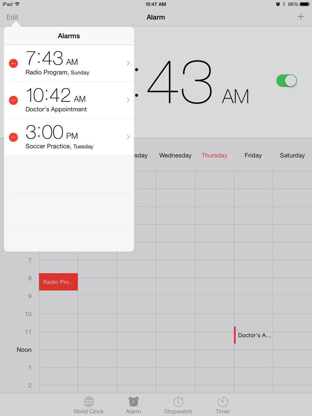 Alarms and timers Want ipad to wake you? Tap Alarm, then tap give the alarm a name (like Good morning ).. Set your wake-up time and other options, then View and change alarms. Add an alarm.