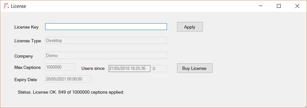 Licensing If a license code has to be installed for Caption Pro this can be done by clicking on the License top-level menu to show the following screen: Figure 2 Licensing screen The screen shows