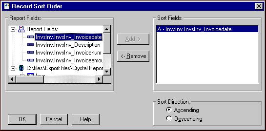 20 C HAPTER 2. On the toolbar, click the Sort Order button. The Record Sort Order screen appears. 3. In the Report Fields box on the left, select the InvsInv.