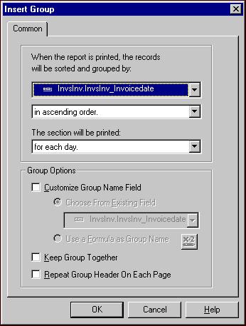 C RYSTAL REPORTS TUTORIAL FOR THE F INANCIAL EDGE 21 Grouping records 1. On the Design tab of the report, select Insert, Group from the menu bar. The Insert Group screen appears. 2. In the first field, select the field to group the data by.