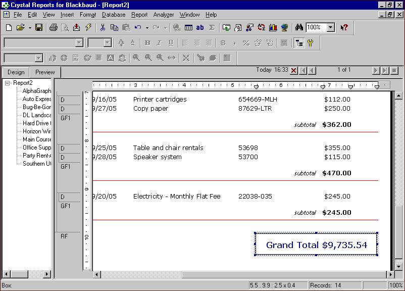 C RYSTAL REPORTS TUTORIAL FOR THE F INANCIAL EDGE 39 9. Select the Preview tab. A red line appears under each vendor group. Adding borders 1.