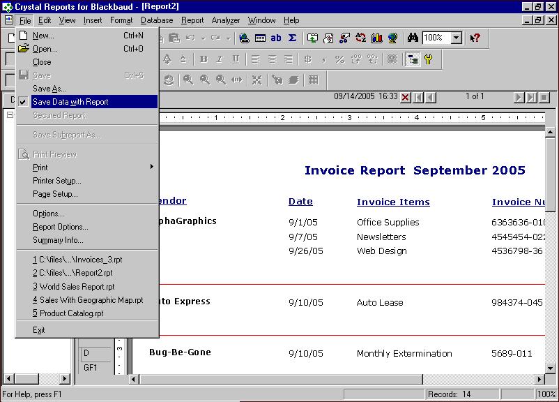 C RYSTAL REPORTS TUTORIAL FOR THE F INANCIAL EDGE 41 You can save your report with data or save only the report parameters.