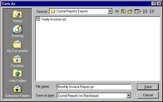 42 C HAPTER 4. In the Save as type field, select Crystal Reports for Blackbaud. 5. Click Save. 6. To close your report, click the X button in the top right corner.