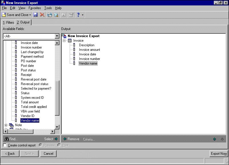 C RYSTAL REPORTS TUTORIAL FOR THE F INANCIAL EDGE 5 10. In the Available Fields box, a tree view lists all the criteria groups available for the Invoice export type.