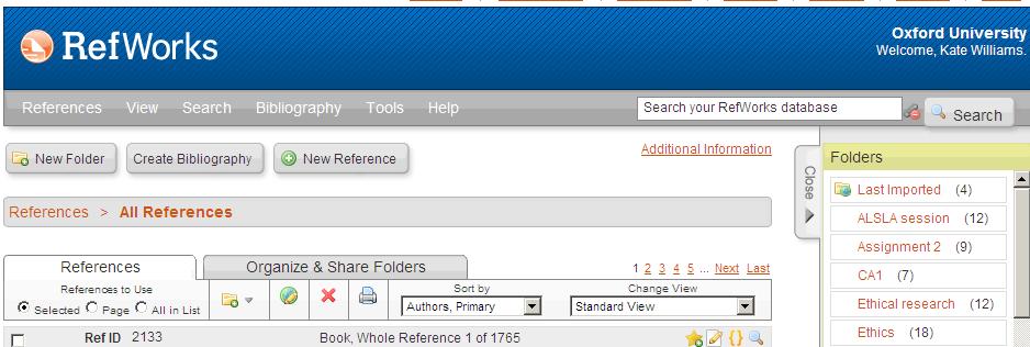 Task 4 - Creating folders 1. In RefWorks, click 2. Name it something relevant to an area of your research and click Create 3. Select references you want to move to the folder using the check boxes 4.