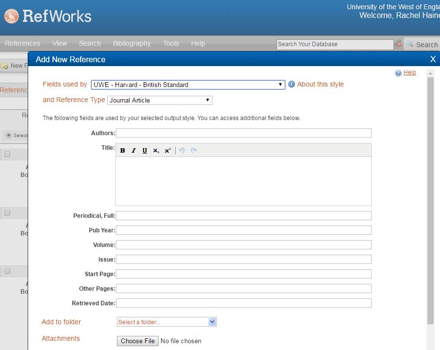 Create a bibliography from a list of references in RefWorks Click onto the folder of references or select individual references that you want to put into a bibliography Select the Create Bibliography