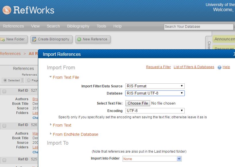 4. Open RefWorks and select Import from the quick access menu. You will then see a screen like the one below.