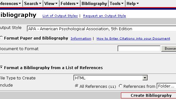 Generating a Bibliography: Once you have references in RefWorks, you will want to begin building bibliographies. A bibliography can be either your entire RefWorks file or an individual folder.