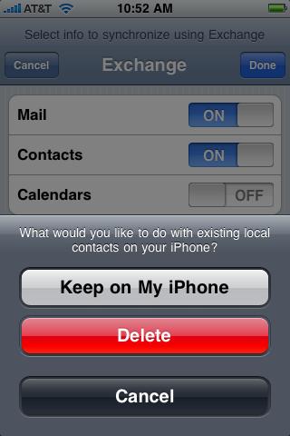If contacts and/or calendar events exist in the device s local files when you create your Exchange account, you will have the option to either keep existing/local items on the iphone/ipod touch/ipad