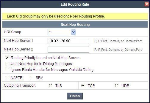 In the Next Hop Routing configuration, enter the IP Address of the Session Manager SIP