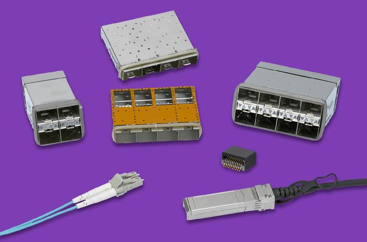 The connector shares the same mating interface and EMI cage dimensions as the SFP+ form factor.