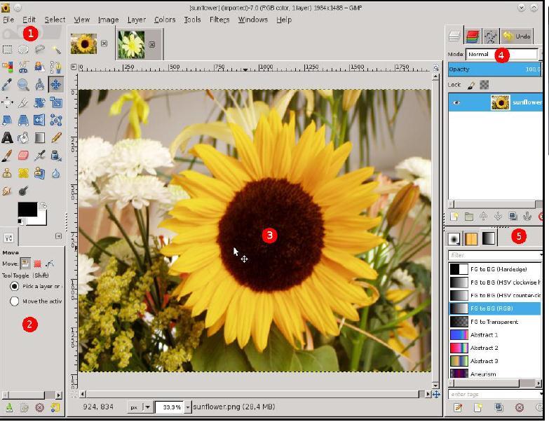 GIMP Interface components: 1- The main Toolbox 2- Tool