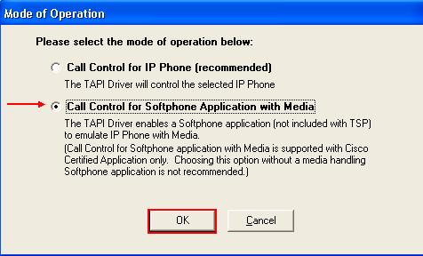 Select Call Control for Softphone Application with Media and click OK.