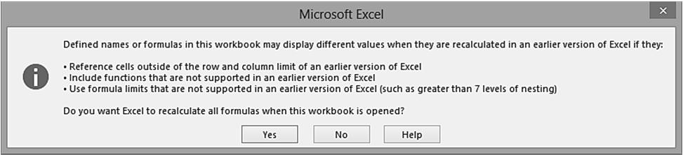 This message box describes some of the problems you may have when using the older version of Excel.