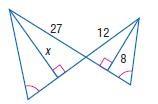 Find x. 1. By AA Similarity, the given two triangles are similar. Additionally, we see the segments marked x and 10 are medians because they intersect the opposite side at its midpoint.