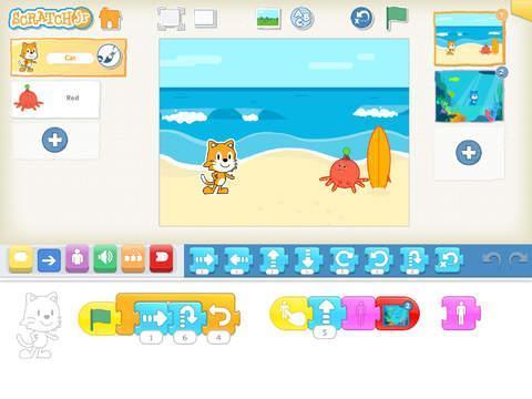 Storytelling with Scratch Jr. WHAT: Scratch Jr. uses color-coded blocks that can be dragged down into the programming area to instruct a character to do something (move, talk, jump, etc).
