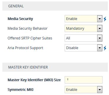 One-Voice Resiliency 3.6 Step 6: Configure SRTP As Mediation Server employs SRTP, you need to configure the device to also operate in the same manner. To configure media security: 1.