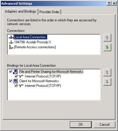2. In the Network Connections screen, click on Advanced Advanced Settings, select the Adaptors and Bindings tab.
