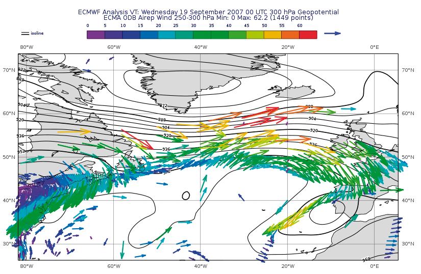 ECMWF Newsletter No. 126 Winter 2010/11 Figure 7 Wind data from an ODB overlaid with isolines of geopotential from GRIB data.