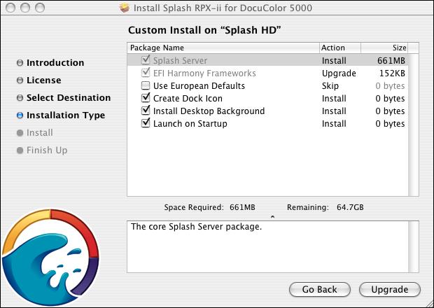 INSTALLING THE SPLASH RPX-ii SERVER SOFTWARE 15 6 Choose the Macintosh hard disk drive (by default named Macintosh HD or Splash HD ) as the volume on which