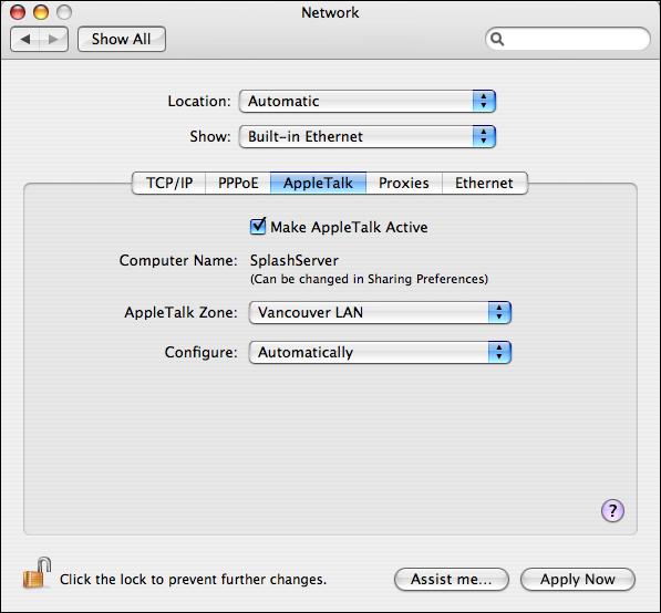 INSTALLING THE SPLASH RPX-ii SERVER SOFTWARE 18 TO CONFIGURE APPLETALK PRINTING SETTINGS 1 Choose Network from the Location menu. 2 Choose Built-in Ethernet from the Show menu.