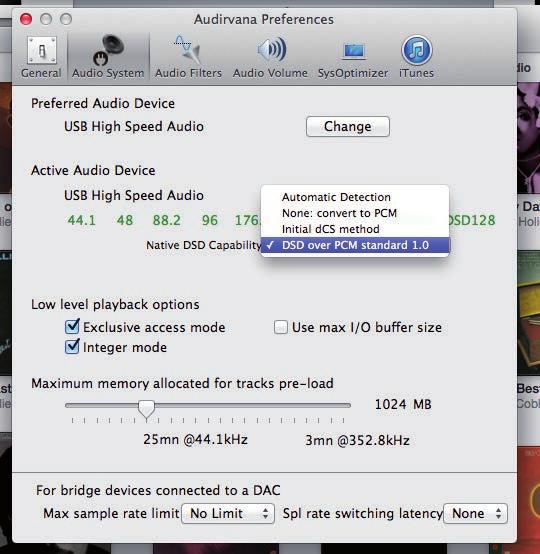 On the Active Audio Device select DSD over PCM standard 1.