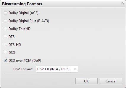 For DSD streaming (DoP Mode) one more setting is required. Please note this is only possible for Windows Vista and newer operation systems.