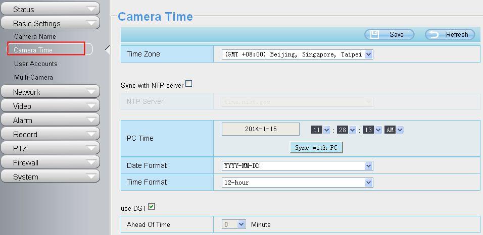 Figure 4.6 Time Zone: Select the time zone for your region from the drop-down menu. Sync with NTP server: Network Time Protocol will synchronize your camera with an Internet time server.