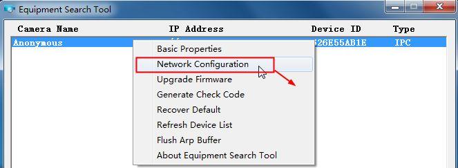 Step 1: Open the Equipment Search Tool, select the camera you would like to change the port of, right click on the IP address, and click on Network Configuration, this brings up the network