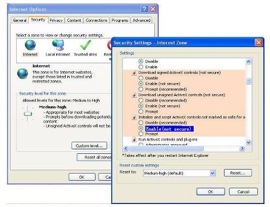 browser--tool--internet Proper--Security--Custom Level--ActiveX control and Plug-ins. Three options of front should be set to be Enable, The ActiveX programs read by the computer will be stored.