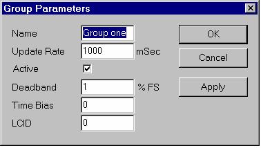 ProcessView Figure 9. Group Parameters dialog box for the selected sample server The Update Rate determines how fast data is sent to the client, in milliseconds (msec).