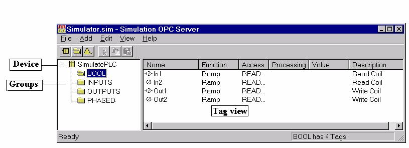 OPC Simulator Simulator OPC Server Start the Simulator OPC Server from the program group and load the Sample.sim configuration file (located in the root installation directory).
