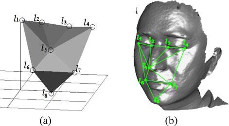 17 Face Recognition Using 3D Images 437 Fig. 17.4 Depiction of: a landmark model as a 3D object; and b landmark model overlaid on a facial scan are pose invariant.