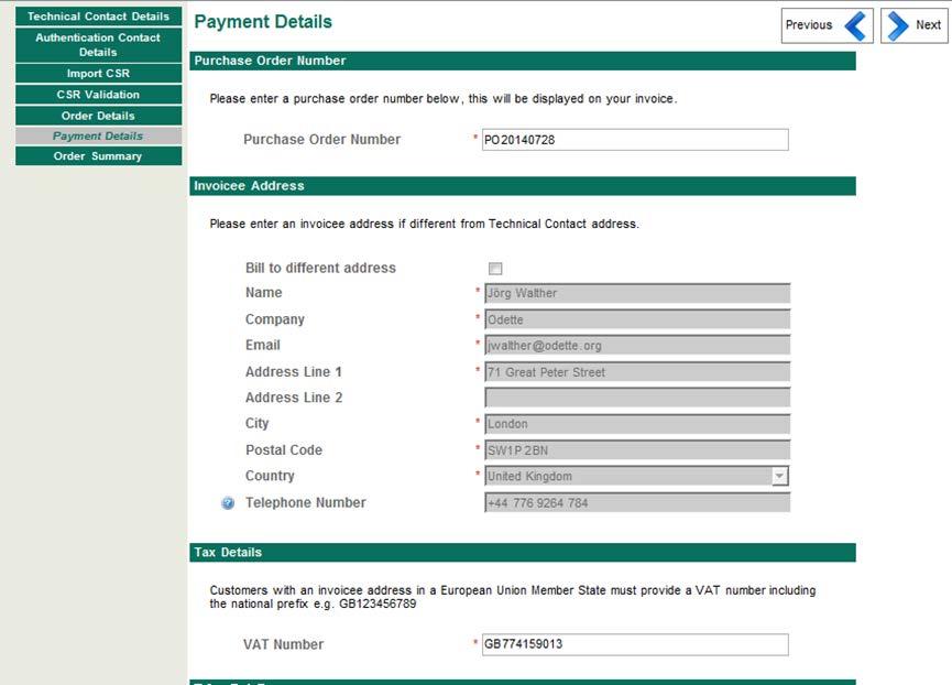 Next screen: Payment Details Purchase Order: You can enter any reference you would like to be included in your invoice.
