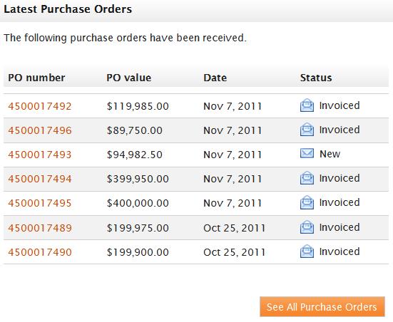Recent Purchase Orders A list of the most recent purchase orders that have been uploaded to the Vendor Portal are also displayed in the bottom right hand corner of the Home page.