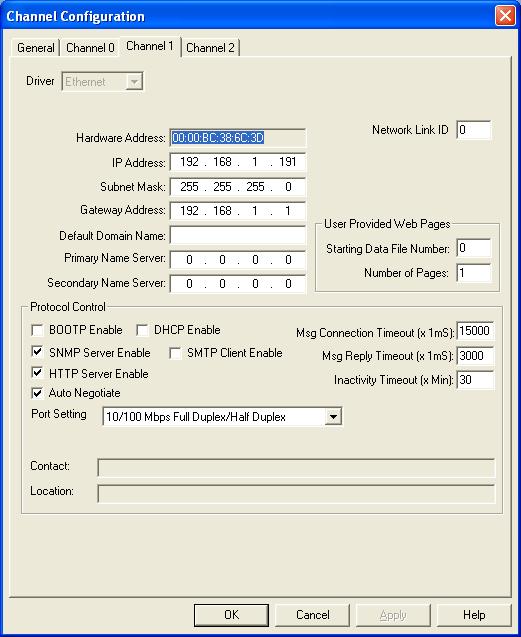 In order to configure the MicroLogix s Ethernet port, double-left-click the Channel Configuration icon in the Project (leftmost) Frame. The Channel Configuration window will appear.