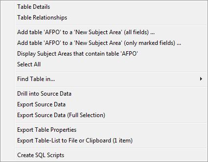 Q U I C K T O U R O F S A F Y R S F E A T U R E S 5.3.3 Table Relationships From the Tables tab on the Model Overview Screen, select a table and click the Right Mouse button.