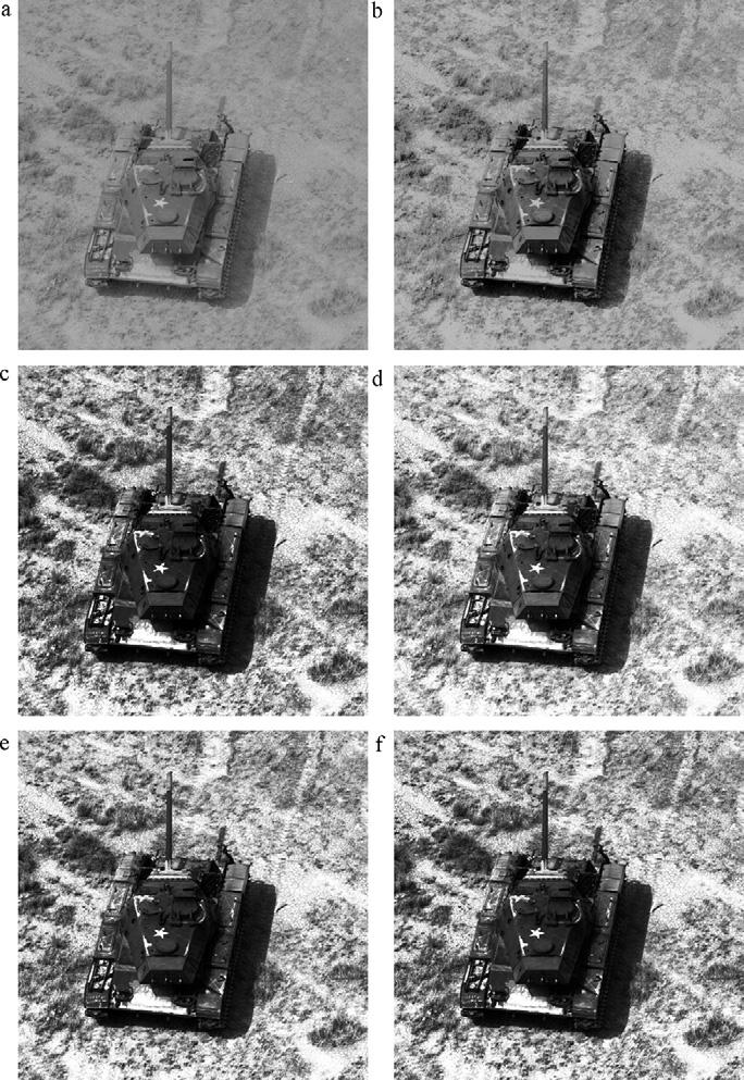 C. Zuo et al. / Optik 14 013 45 431 49 Fig. 5. a Original image of Tank. b Result of RLBHE. c Result of GHE. d Result of BBHE. e Result of DSIHE. f Result of MMBEBHE. Fig. 6. a Original image of F16.