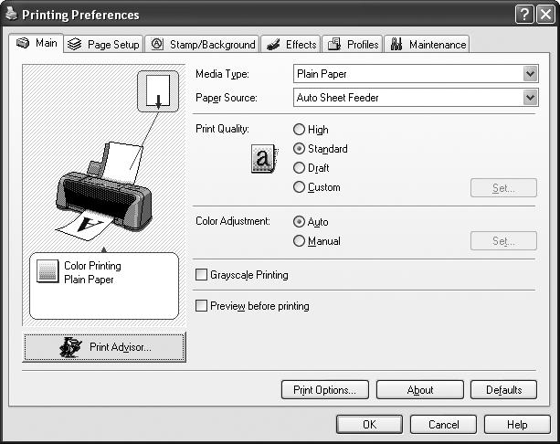 Basic Printing 3 Specify the required settings. (1) Click Media Type to select the media loaded in the printer. (2) Click OK.