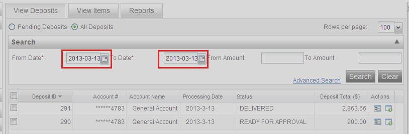 View Deposit or Items From the Home page, you can view a list of deposits as well as the items