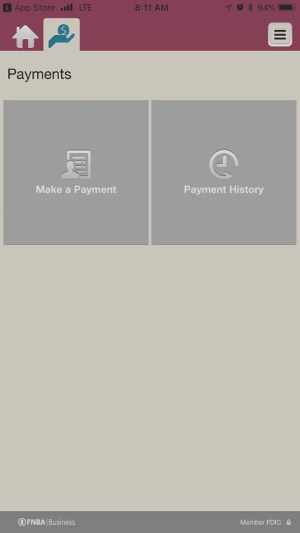 Payments 1. From the Home Screen, tap Payments. The Payments screen appears. (See Figure 12.9). Figure 12.9 Payments Screen 2. Tap Make a Payment to view a list of billers and unpaid billers.