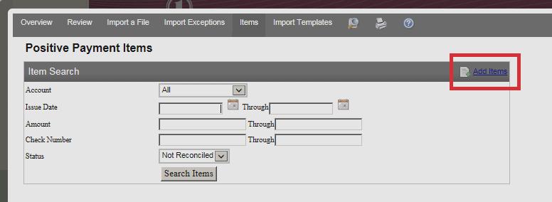 Adding An Issued Item Individual items can be added to Business Online Banking without going through file import. 1. From the menu bar, mouse point on the Management Tools tab.