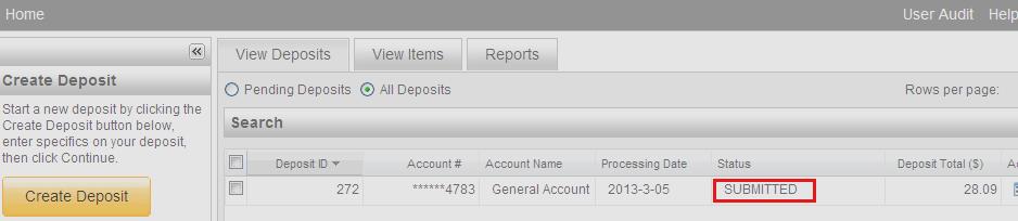 If the deposit is in balance, click Submit Deposit from the Submit Deposit window that