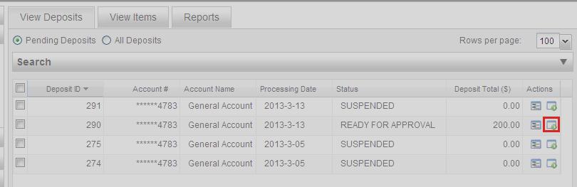 From the Home Page, click the Pending Deposits radial button to view a list of all saved deposits. (See Figure 11.