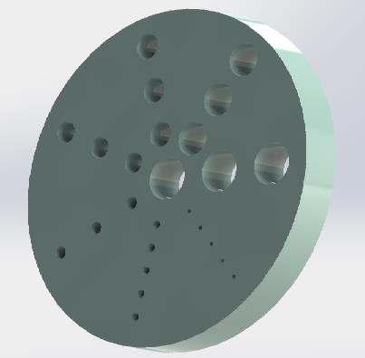 Figure 7: Test artefact, 3D model (a) and draft (b). To get reference measurements, the hole diameters were calibrated with a Zeiss Prismo tactile CMM.