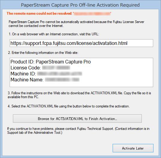 Chapter 9 Activating PaperStream Capture Pro 7 Click the [Activate] button. 8 Click the [Download Activation.XML file] button. 9 Save ACTIVATION.XML file in a save destination of your choice.