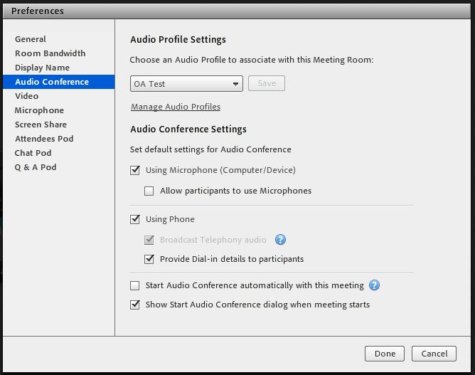 3 In the Start Audio Conference pop up window, select View/Change Settings 4 By default, the Using Microphone option will be selected; unselect this option.