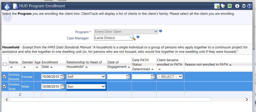 Step 4: Create the enrollment by selecting Every Door Open in the Program drop down field. Record the enrollment entry date for every family member.