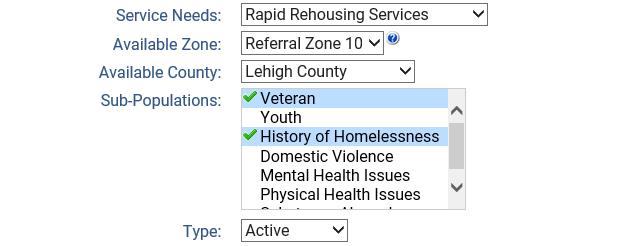 The sub-population filter can also be used to further filter available clients for specialized programs that serve specific demographics and include: Veteran, Youth, History of Homelessness, Domestic