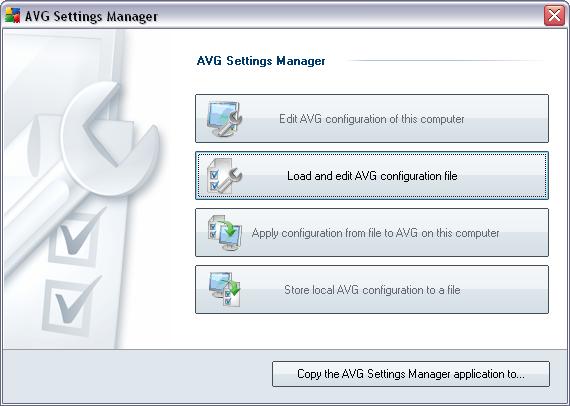 9. AVG Settings Manager The AVG Settings Manager is a tool suitable mainly for smaller networks that allows you to copy, edit and distribute AVG configuration.